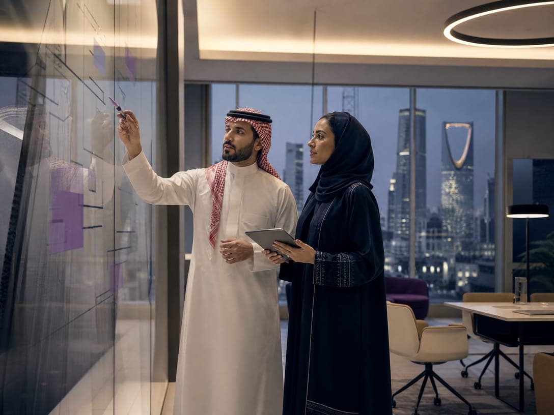 Saudi professionals working through a practical learning exercise